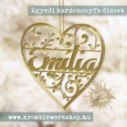 Egyedi neves arany színű akril lézervágott karácsonyfa dísz  