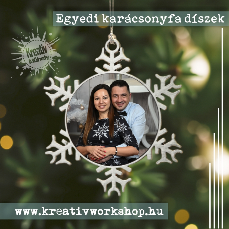 Egyedi fényképes műanyag hópihe karácsonyfa dísz